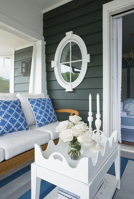 Round Window on Beach Home via Kelley Interior Design Beach House Porch, Blue And White Decor, House With Porch, Coastal Cottage, Beach Cottage, White Decor, Beach Cottages, Outdoor Rooms, Coastal Homes