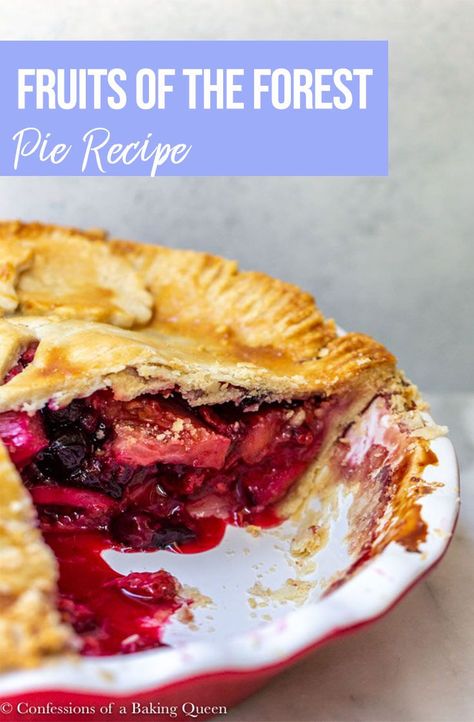 Fruits of the Forest Pie is the perfect pie recipe. This homemade pie is full of apples, rhubarb, strawberries, raspberries and blueberries or blackberries. A perfect make-ahead dessert for your Thanksgiving dinner or perfect for Sunday night dinner! The Fruits of the Forest Pie is best served warm with ice cream or custard!  #confessionsofabakingqueen #thanksgivingdessert #pierecipe #howtomakepie #fruitsoftheforestpie #berrypierecipe #fruitpierecipe #howtomakefruitsoftheforestpie Forest Berry Pie, Apple Berry Pie Recipe, Fruit Of The Forest Pie, Fruit Of The Forest Pie Recipe, Best Fruit Pie, Best Fruit Pie Recipes, Fruit Pies For Thanksgiving, Fruits Of The Forest Pie Recipe, Forest Pie