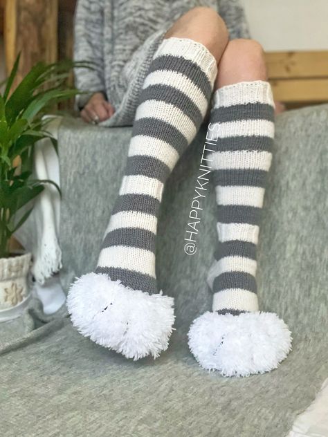 "Socks are knitted from wool + polyamide (for durability).  The white part (leg) of the sock is knitted from soft and fluffy yarn (polyamide) + hand embroidery with claws. In the photo, the paws look huge, in reality they are not so big. Completely handmade!  The main color of the socks is white with gray.  If you want to replace the gray color with another one, please make your choice in the options.  Choose your size from the suggested options.  Toe length from heel to cuff: size 7-9 14\" (35c Paw Socks, Paws Socks, Fluffy Yarn, Fluffy Socks, Cosplay Diy, Over The Knee Socks, Cute Socks, Knee Socks, Womens Casual