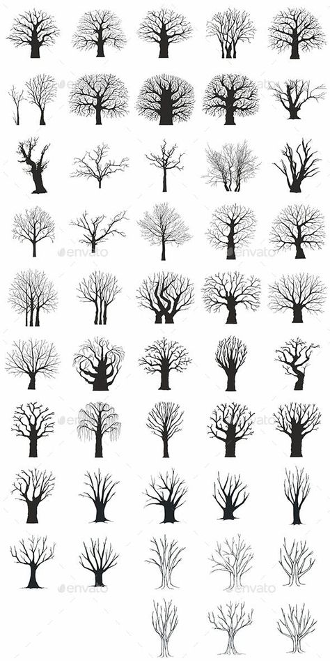 Collection of 48 Tree Silhouettes - Decorative Symbols Decorative Art Trees Painting, Tree Printable Free Templates, Black And White Tree Drawing, Dead Tree Drawing, Silhouette Drawing Ideas, Decorative Symbols, Drawing Trees, Tree Symbol, Dead Tree