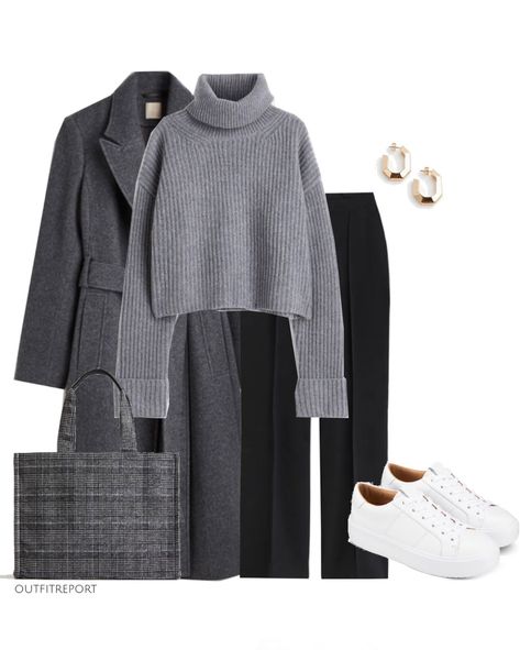 Styling Grey Sweater, White Trainers Work Outfit, Grey Belted Coat Outfit, Grey Knitwear Outfits, Styling Grey Coat, Grey Roll Neck Jumper Outfit, Grey Winter Jacket Outfit, Lay Out Outfit, Grey Wool Sweater Outfit