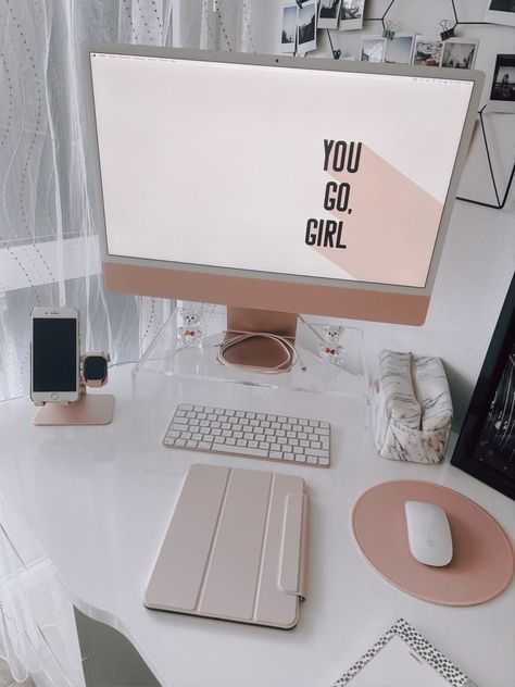 Imac Desk, Imac Desk Setup, Girly Office, Dream Desk, Study Desk Decor, Work Office Decor, Desk Inspiration, Go Girl, Office Room Decor