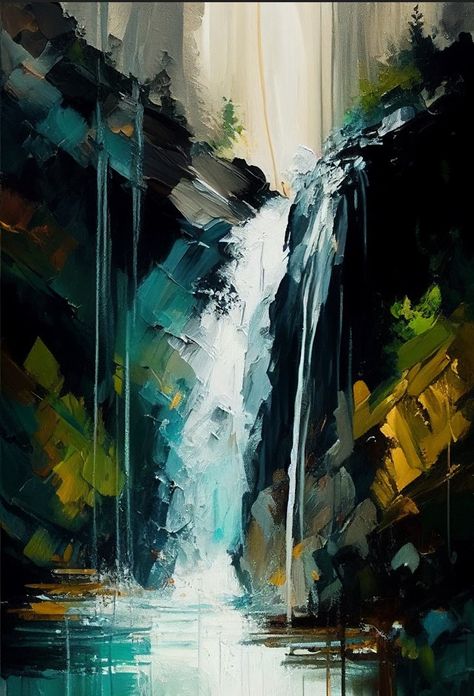 Dive into the mesmerizing world of "Cascading Dreams" with this contemporary oil painting-inspired T-shirt design. Feel the rush of emotions as the waterfall gracefully descends, captured in textured abstract form. Let the blend of colors and intriguing textures ignite your imagination. #CascadingDreams #ContemporaryArt #OilPaintingInspired #TexturedAbstract #ImaginativeJourney Water Mountain Painting, Abstract Cliff Painting, Oil Painting Waterfall, Water Scenery Paintings, Contemporary Acrylic Painting, Abstract Waterfall Painting, Mountain Waterfall Drawing, Waterfalls Painting, Abstract Forest Painting