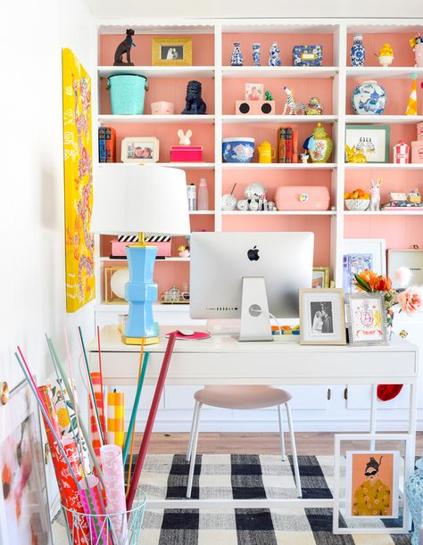 Colourful Home Office, Dreamy Office, Colourful Office, Pink Home Offices, Eclectic Office, Pink Home Office, Office Goals, Mudroom Makeover, Single Status