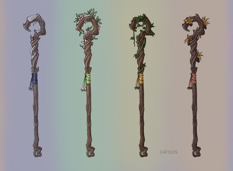 ArtStation - Staff of Seasons / The Staff of Emmantiensien, Christina Kritikou Mushroom Staff Art, Anime Staff Design, Dnd Staff Magic, Druid Staff Art, Mage Staff Aesthetic, Dnd Quarterstaff Druid, Druid Markings, Dnd Druid Staff, Dnd Staff Item