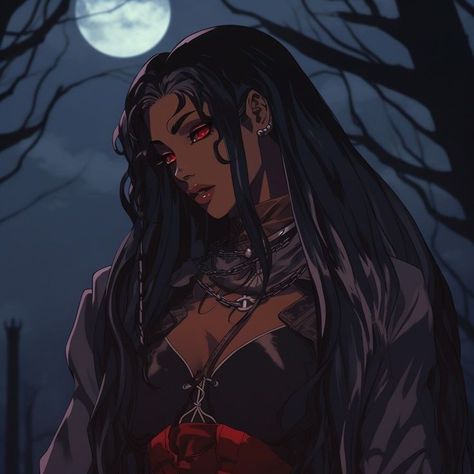 Black And White Hair Black Women, Black Vampire Woman, Black Anime Vampire, Vampire Black Woman, Black Vampire Oc, Drolta Castlevania, Black Female Vampire, Black Vampire Girl, Vampire Female Art