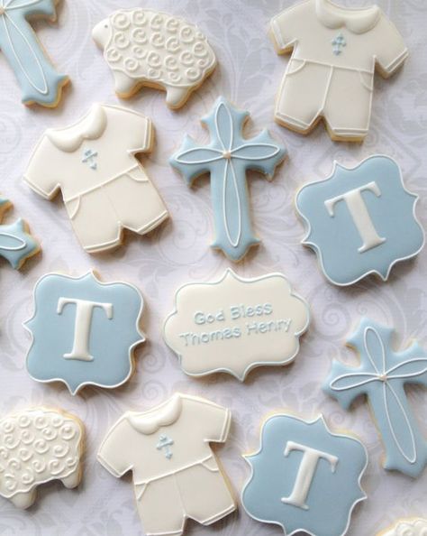 Boy Christening Cookies - Baptism Party Ideas Baptism Party Boy, Christening Cookies, Christening Cake Boy, Baptism Party Decorations, Baptism Cookies, Christening Decorations, Baby Boy Christening, Baptism Decorations, Christening Party