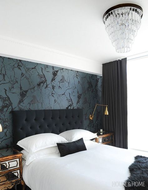 In this European-inspired condo‘s principal bedroom, velvety handmade wallpaper gives the illusion of marble veining. | Photographer: Tracey Ayton | Designer: Denisa Nica Wallpapers In Bedroom, Bed Wall Wallpaper, Wallpapers For Walls Bedrooms, Wallpapers Bedroom Ideas, Black Wallpaper Room Ideas, Wallpapered Bedroom Ideas, Wallpaper Designs For Walls Bedroom, Wallpapers For Rooms Bedrooms, Black Wallpaper For Bedroom