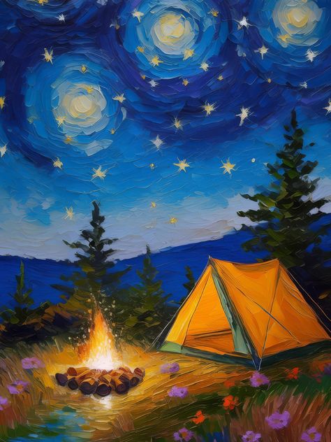 Night Camping on Moor Night Camping, Night Sky Painting, Simple Painting, The Starry Night, Moon Painting, Sky Painting, Starry Night Sky, Easy Paintings, Campfire