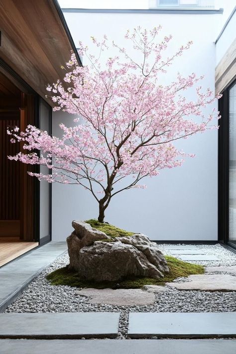 Japanese Garden Cherry Blossom, Japanese Garden Trees, Japandi Landscaping, Cherry Blossom Backyard, Courtyard Design Landscape, Japanese Planting, Japanese Garden Design Modern, Modern Japanese Garden Landscapes, Japanese Blossom Tree