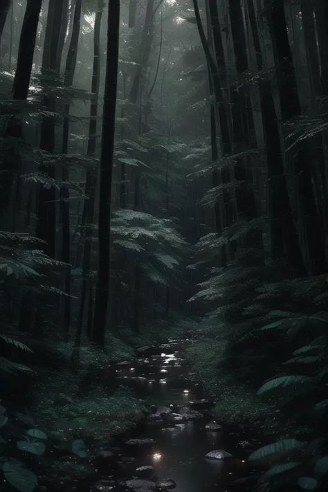 The image is a dark and moody forest. The trees are tall and the branches are thick, creating a dense canopy that blocks out the sun. The ground is covered in a thick layer of leaves and moss. There is a small stream running through the forest, and the sound of the water is the only thing that can be heard. The forest is full of mystery and danger, and it is easy to imagine that there are all sorts of creatures lurking in the shadows. Anime Mysterious, Moody Forest, Nature Story, Dense Forest, Dark Tree, Dark And Moody, Tree Canopy, Tall Trees, In The Shadows