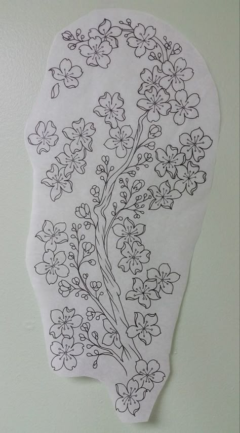 Flower Tattoo Over Shoulder, Butterfly And Flower Tattoo Shoulder, Floral Tattoo Design Thigh, Fine Line Cherry Blossom Tattoo Design, Elegant Tattoo Designs, Cherry Blossom Stomach Tattoo, Inside Of Knee Tattoo, Cherry Blossom Tree Outline, Filler Tattoo Ideas Gap Flowers