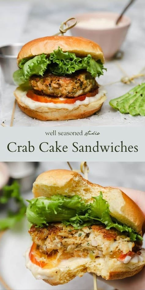 Crabcake Sandwich Recipe, Crab Cake Blt, Crab Cakes Sandwich, Crab Cake Sandwich Sauce, Crab Cake Burger, Crab Cake Meal Ideas, Crab Cake Sandwich Recipe, Crab Burger Recipes, Crabby Patty Recipe