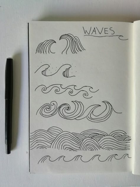 Waves Journal Ideas, Wave Doodle Art, Sea Doodles Waves, Wave Doodle Simple, Beachy Doodles Easy, How To Draw Ocean Waves, Water Doodle Art, Beach Journal Ideas, Bullet Journal Beach Theme