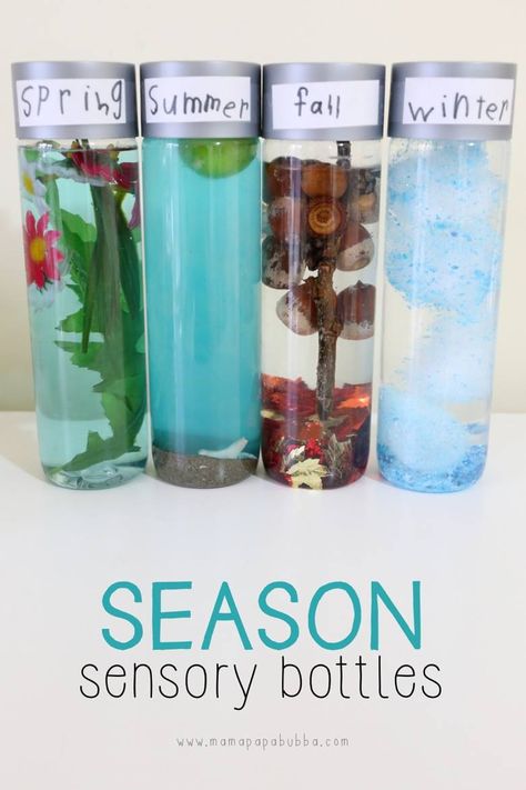 Such fun sensory bottles!... - Teaching 2 and 3 Year Olds - Activities for Toddlers and Preschoolers Season Sensory Bottles, Sensory Bottles For Toddlers, Discovery Bottles, Seasons Activities, Toddler Sensory, 5 Senses, Sensory Bottles, Preschool Science, Sensory Bins