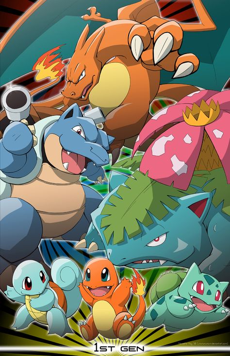 Some of the most awesome Pokemon art I've seen in a long time! Pokemon Legends Wallpaper, Starter Pokemon Art, Pokemon Gen 5 Wallpaper, Gen 1 Starters, Johto Wallpaper, Pokemon Kanto Region, Pokemon Gen 1, Kanto Starters, Kanto Pokemon