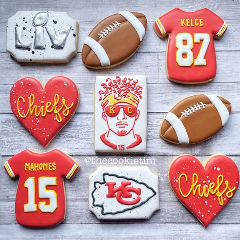 Dusted off the cookie supplies for a fun order and decided to make these babies. ❤️💛🏈 #KCChiefs #Mahomes #Chiefs #Kelce #RunitBack #superbowlcookies #royalicingcookiedecorating #superbowlbound #superbowlLV #beatthebuccs #cookiedecorating Chiefs Cookies Royal Icing, Patrick Mahomes Cookies Decorated, Chiefs Dessert Kansas City, Kansas City Cookies Decorated, Chiefs Themed Birthday, Chiefs Football Cookies, Kc Chiefs Sugar Cookies, Super Bowl Sugar Cookies Decorated, Patrick Mahomes Cookies