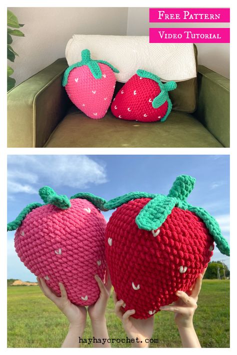 Giant Strawberry Plush Free Crochet Pattern and Video Tutorial Jumbo Strawberry Crochet Pattern, Big Strawberry Crochet Pattern, Large Strawberry Crochet Pattern, Crochet Strawberry Pillow Pattern Free, Big Crochet Plushies Pattern Free, Crochet Strawberry Pillow, Crochet Strawberry Pattern Free, Giant Strawberry, Giant Plush