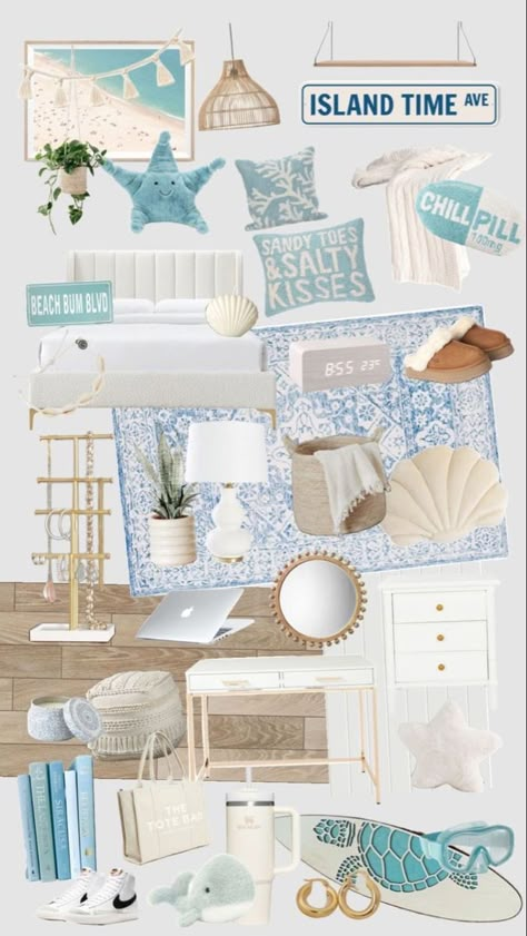 Beach Room Preppy, Beach Costal Room, Subtle Room Decor, Room Ideas Aesthetic Costal, Summer Bedroom Makeover, Beach Desk Decor, Cute Beach Themed Bedrooms, Coastal Grandma Bedroom Ideas, Beach Themed Desk