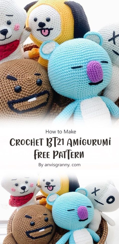 BT21 is a line of characters created by the South Korean company Line Friends. The characters are marketed towards teens and young adults who enjoy K-pop music and culture. In this article, you’ll find a free pattern to crochet your own BT21 amigurumi. Hope you like this Crochet BT21 Amigurumi Free Pattern By anvisgranny. com. Crochet Music, Bt21 Characters, Granny Square Crochet Patterns Free, Crochet Cat Pattern, Crochet Amigurumi Free Patterns, Crochet Amigurumi Free, Fun Crochet Projects, Pattern Ideas, Line Friends