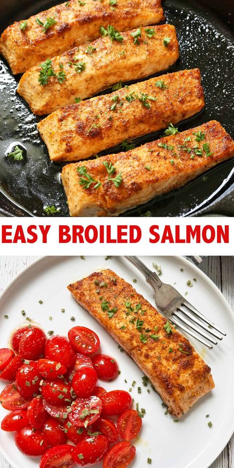 This easy broiled salmon is ready in 15 minutes, making it perfect for a weeknight dinner. It's wonderfully juicy and flavorful! Broiled Fish Recipes, Broiled Burgers, Broiled Salmon Recipes, Easy Oven Recipes, Broiled Salmon, Pan Fried Salmon, Salmon Steak, Easy Salmon Recipes, Salmon Seasoning