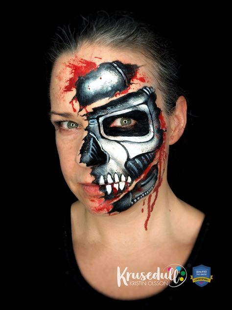 Terminator face painting - design facebodyart.com Terminator Face Paint, Terminator Makeup, Terminator Costume, Haunt Makeup, Face Painting For Boys, Kids Face Paint, 2024 Halloween, Face Painting Halloween, Boy Face