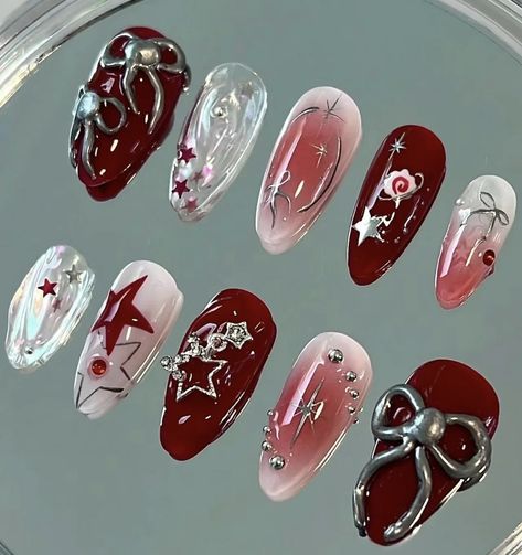 Red Nail Y2k, Japanese Red Nails, Red Maximalist Nails, 3d Red Nails, Red 3d Nails, Pixie Nails, Maximalist Nails, Kutek Disney, Fake Nails Designs