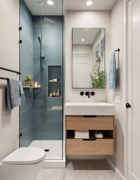 48 Bathroom Ideas 2025: Modern, Small, and Neutral Designs for Every Space Small Light Grey Bathroom, Bathroom Ideas Bath And Shower Layout, Downstairs Shower Room Ideas, Small Glass Shower Ideas, Tiny Bathroom Ideas With Shower Layout, Long Bathroom Layout, Tiny Shower Room Ideas, Tiny Bathroom Layout, Small Dark Bathroom