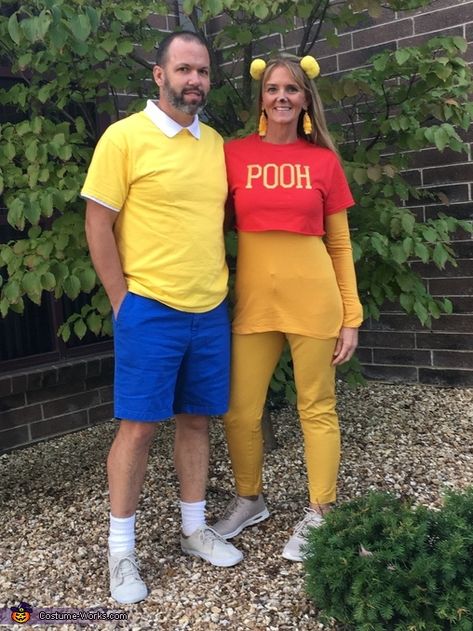 I am Winnie the Pooh and my husband is Chris Cochran dressed up as Christopher Robin. Pooh was his favorite childhood toy and his mom kept it and we now have it. It’s 40+ years old. We have been married 25 years. ❤️ It was proving very difficult... Christopher Robin Costume, Robin Halloween Costume, Winnie The Pooh Christopher Robin, Costumes Homemade, Winnie The Pooh Ears, Winnie The Pooh Costume, Pooh Halloween, Winnie The Pooh Halloween, Woman Costumes