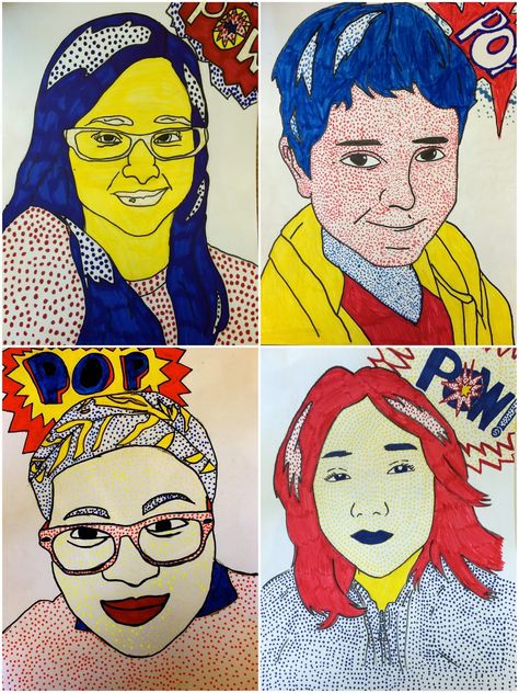 6th Grade Roy Lichtenstein Self Portraits Art Elementary, Portraits Pop Art, 7th Grade Art, 8th Grade Art, Middle School Art Projects, Art Lessons Middle School, 6th Grade Art, 4th Grade Art, 5th Grade Art