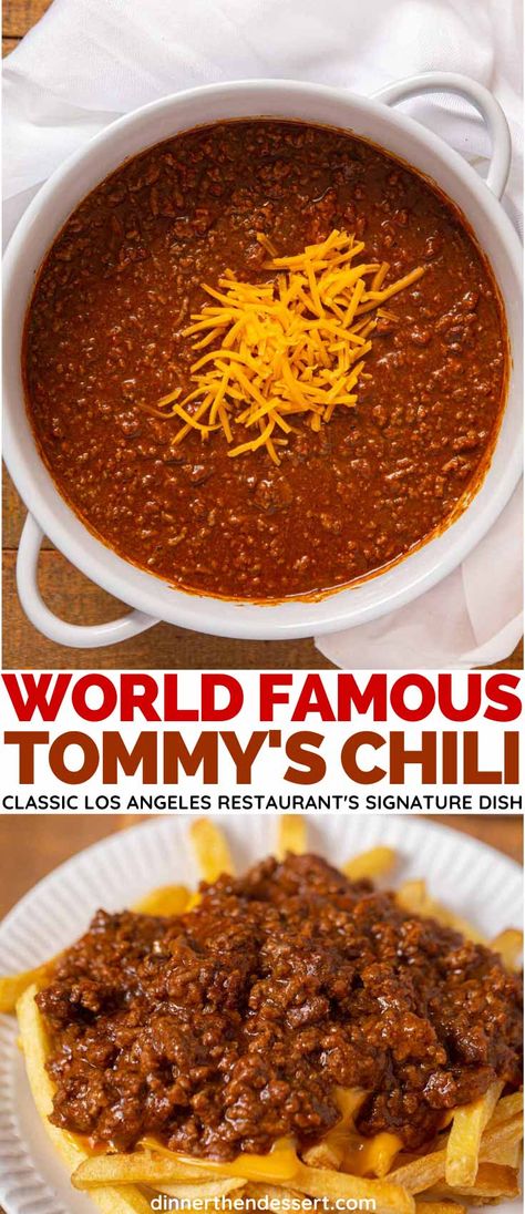 Spot on replica of spicy, meaty Tommy's Chili, a true Los Angeles Favorite! #chili #copycatrecipes #tommys #tommyschili #cheesy #restaurantchili #dinnerthendessert Hamburger Meat Chili Recipes, Sunday Chili Recipe, Copycat Wolf Brand Chili, Copycat Krystal Chili Recipe, Original Tommy’s Chili Recipe, Homemade Chili Without Beans, Crockpot Chili Recipe No Beans, 3 Way Chili Spaghetti, Coney Chili Recipe