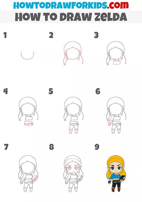 How to Draw Zelda - Easy Drawing Tutorial For Kids How To Draw Zelda Step By Step, Zelda Doodles Easy, How To Draw Link From Zelda Step By Step, Zelda Drawing, Zelda Botw, Easy Drawing Tutorial, Drawing Lesson, Drawing Tutorials For Kids, Drawing Step