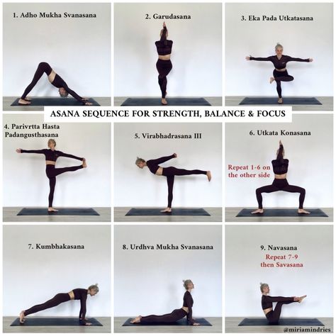 Asana sequence for strength, balance & focus Root Chakra Asanas, Yoga For Balance And Strength, How To Activate Your Root Chakra, Yoga For Stability, Standing Balance Poses Yoga, Yoga Balance Sequence, Eagle Pose Yoga Sequence, Peak Pose Yoga Sequence, Balance Asanas