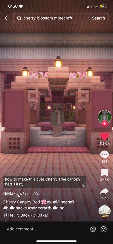 Fancy Bed Minecraft, Cherry Wood Minecraft House Interior, Minecraft Bed Designs Pink, Minecraft Canopy Bed Ideas, Cherry Blossom Bedroom Ideas Minecraft, Pink Bed Minecraft, Cherry Bed Minecraft, Cute Minecraft Beds, Heart Window Minecraft