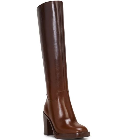 Vince Camuto Gibi Leather Tall Boots | Dillard's Leather Boots Women Tall, Brown Flat Boots, Rachel Greene, Classic Black Boots, Brown Leather Knee High Boots, Tall Heeled Boots, Leather Tall Boots, Vince Camuto Boots, Tall Winter Boots