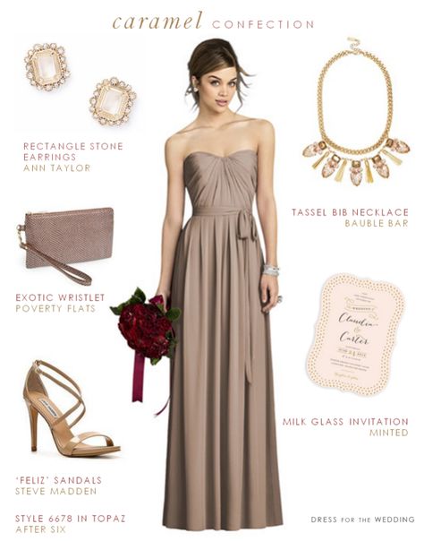 Taupe Bridesmaid Dress  --  Dress: After Six  // Earrings:  Ann Taylor // Necklace: Bauble Bar  // Invitation: Minted //  Sandals: DSW // Wristlet: Nordstrom Taupe Dress Outfit, Lavender Bridesmaid Dresses Long, Taupe Bridesmaid, Taupe Bridesmaid Dresses, Bridesmaid Dresses Under 100, Lilac Bridesmaid Dresses, Taupe Dress, Bridesmaids Dress Inspiration, Fall Bridesmaid Dresses