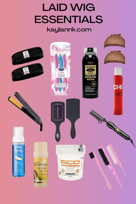 9 Wig Essentials That Will Lay Your Wig Every Time Hair Products For Wigs, What You Need For Lace Front Wigs, Wig Install Tools, Wig Styling Tools, Wig Products List, Wig Accessories Products, Beauty Supply Products, Products For Wig Install, Wig Install Supplies