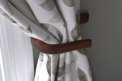 Minimalist Curtain Holdback, Walnut Curtain Tie Back, Curved Floating Curtain Holder, Window Curtain Holder Wood Curtain Holder, Curtain Holders Ideas Hooks, Floating Curtains, Curtain Holdback, Minimalist Curtains, Neutral Curtains, Wooden Tie, State College Pa, Wood Curtain