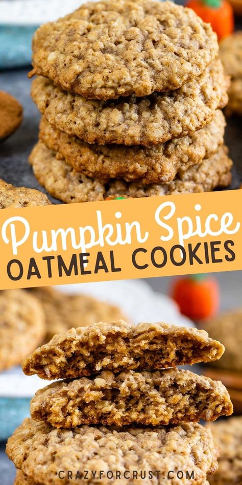 Pumpkin Spice Oatmeal Cookies are a soft and chewy oatmeal cookie recipe full of pumpkin pie spice! This easy cookie recipe is perfect for fall. Spice Oatmeal Cookies, Chewy Oatmeal Cookies Recipe, Pumpkin Spice Oatmeal, Pumpkin Oatmeal Cookies, Pumpkin Spice Cookies, Oatmeal Cookies Chewy, Pumpkin Recipes Dessert, Pumpkin Oatmeal, Oatmeal Cookie Recipes