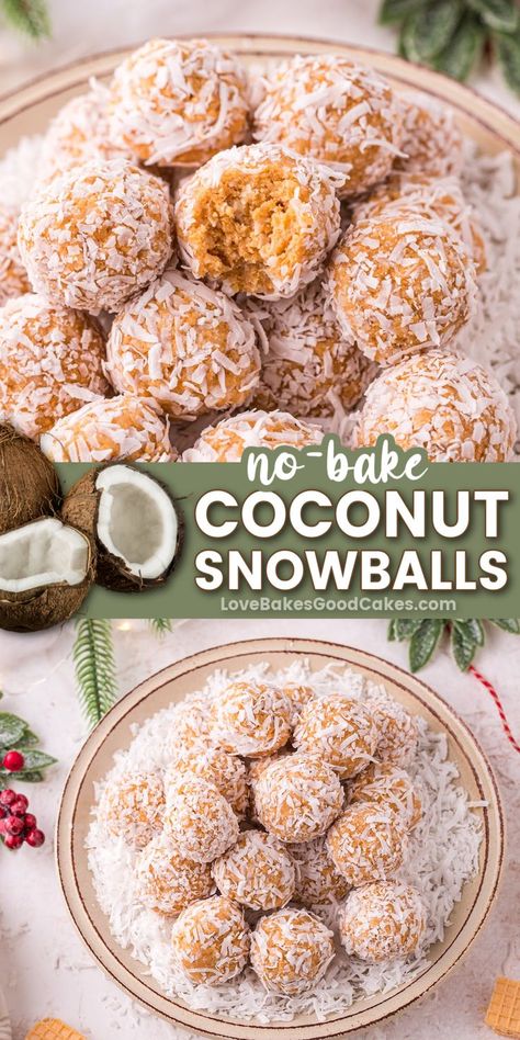 Coconut Snowballs pin collage Ribbon Cookies Christmas, Coconut Snowballs Recipe, Coconut Christmas Cookies, Coconut Snowballs, Coconut Recipes, Best Dessert Recipes, Popular Recipes, Treat Recipe, Christmas Desserts