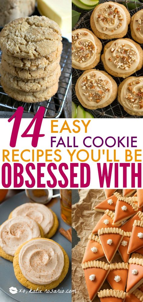 14 Easy Fall Cookie Recipes You’ll Be Obsessed With | It's time to Fall in love with cookies this season. These autumn inspired cookie recipes are completely irresistible! These easy to make Fall cookies are perfectly soft and moist and some are even covered with sweet spiced frosting we all crave! Make these Fall cookie recipes for any party or DIY gift this Autumn. #xokatierosario #easycookierecipes #fallcookierecipes #autumnrecipes Fall Cookies Recipes, Spiced Frosting, Spice Frosting, Fall Cookie Recipes, Pumpkin Sugar Cookies, Easy Sugar Cookies, Autumn Inspired, Fall Cookies, Delicious Cookie Recipes