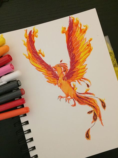 Phoenix drawing in sharpie markers and a few other materials. #pheonix #orange #red #fire #bird Phoenix Bird Drawing, How To Draw Phoenix Bird, Cute Phoenix Drawing, Fire Bird Drawing, Phoenix Doodle, Drawing Phoenix Bird, Phoenix Bird Drawing Sketch, Minnie Mouse Pics, Phoenix Harry Potter