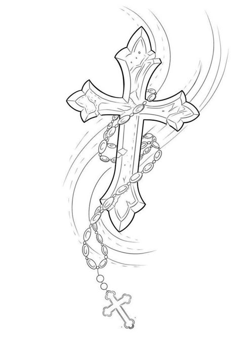 Cross With Rosary Tattoo Design, Rosary Drawing Sketch, 3 Crosses Tattoo Stencil, Cross Memorial Tattoos, Rosery Beads Tattoo, Cross Tattoo Outline, Cross Drawing Sketches, Cross Tattoo Stencil, Rosary Tattoo Design