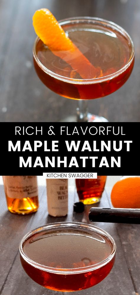 Indulge in the quintessential fall flavors with our maple walnut Manhattan cocktail recipe! Made with premium bourbon, natural maple syrup, rich black walnut bitters, and garnished with a zesty orange peel, this cocktail is perfect for autumn nights by the fire. Impress your guests with this sophisticated, yet easy-to-make cocktail that boasts a perfect balance of sweet and savory flavors. Pecan Bitters Recipe, Cocktail With Bitters, Pumpkin Manhattan, Black Walnut Old Fashioned, Walnut Bitters Cocktail, Fall Manhattan Cocktail, Black Walnut Bitters Cocktails, Savory Cocktail Recipes, Fall Bourbon Cocktails