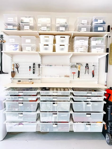 Garage Storage And Organization Ideas, Garage Drawer Organization, Aesthetic Garage Storage, Girly Garage Ideas, Tool Closet Organization, Garage Zones, Light Bulb Storage, Elfa Garage, Garage Workspace