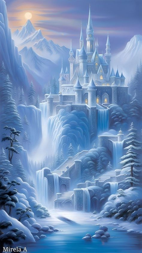 Fairytale Castle Drawing, Ice Kingdom Fantasy Art, Ice Village, Snow White Castle, Ice Kingdom, Ice Land, Frozen Castle, Disney Romance, Castle Drawing