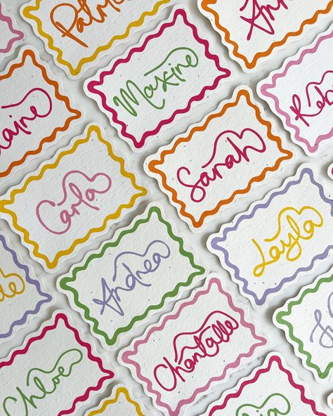 #studioycreative #seededcards #plantablecards #stationery #bespokestationery #eventstationery #custommenu #customplacecards #weddings #weddingstationery #sydneywedding #weddingtablesetting #weddingtablescape #menu #placecards #weddinginspo #weddingmenu #scallopplacecards #handwritten #events #eventdesign Wedding Place Settings Colorful, Colorful Place Cards, Cricut Menu Cards, Unique Name Cards Wedding, Women’s Event, Funky Wedding Decor, Colorful Dinner Party, Whimsical Dinner Party, Wedding Guest Name Cards