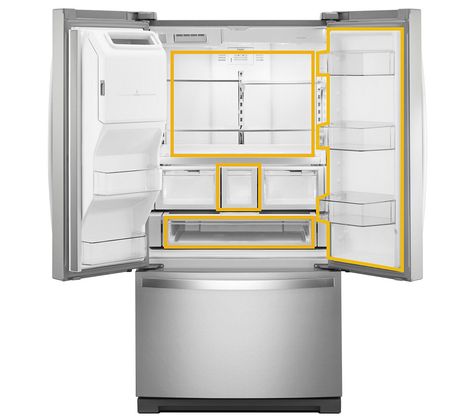 Whirlpool® French Door Refrigerator with doors open Whirlpool Refrigerator Organization, French Door Refrigerator Organization Ideas, Whirlpool Fridge Organization, French Door Refrigerator Organization, French Door Fridge Organization, Open Fridge, Whirlpool Fridge, Food Storage Ideas, Kitchenaid Refrigerator