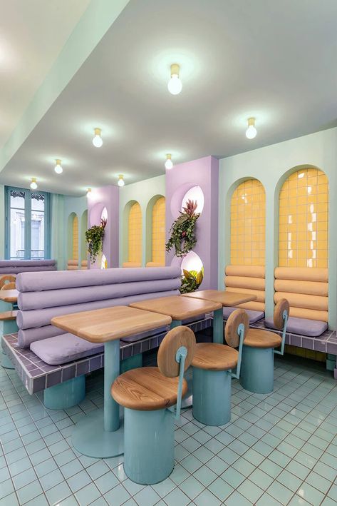 Cafe Interior Design Purple, Pastel Restaurant Interior, Rainbow Cafe Interior, Aesthetic Cafe Interior Pastel, Colorful Restaurant Interior Design, Colorful Cafe Interior, Pastel Cafe Interior, Colorful Restaurant Design, Pastel Restaurant