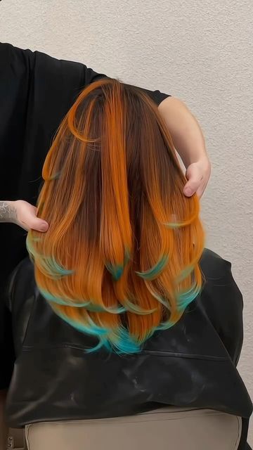 Copper Teal Hair, Copper And Teal Hair, Orange And Teal Hair, Orange Hair Tips, Red And Teal Hair, Blue And Orange Hair, Yellow Hair Color, Orange Highlights, Bold Hair Color